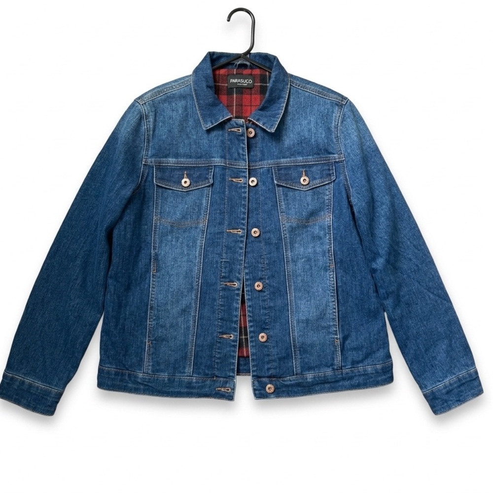 Parasuco Jeans Denim Jacket Red Black Plaid Lined Double Fleece lining Size L